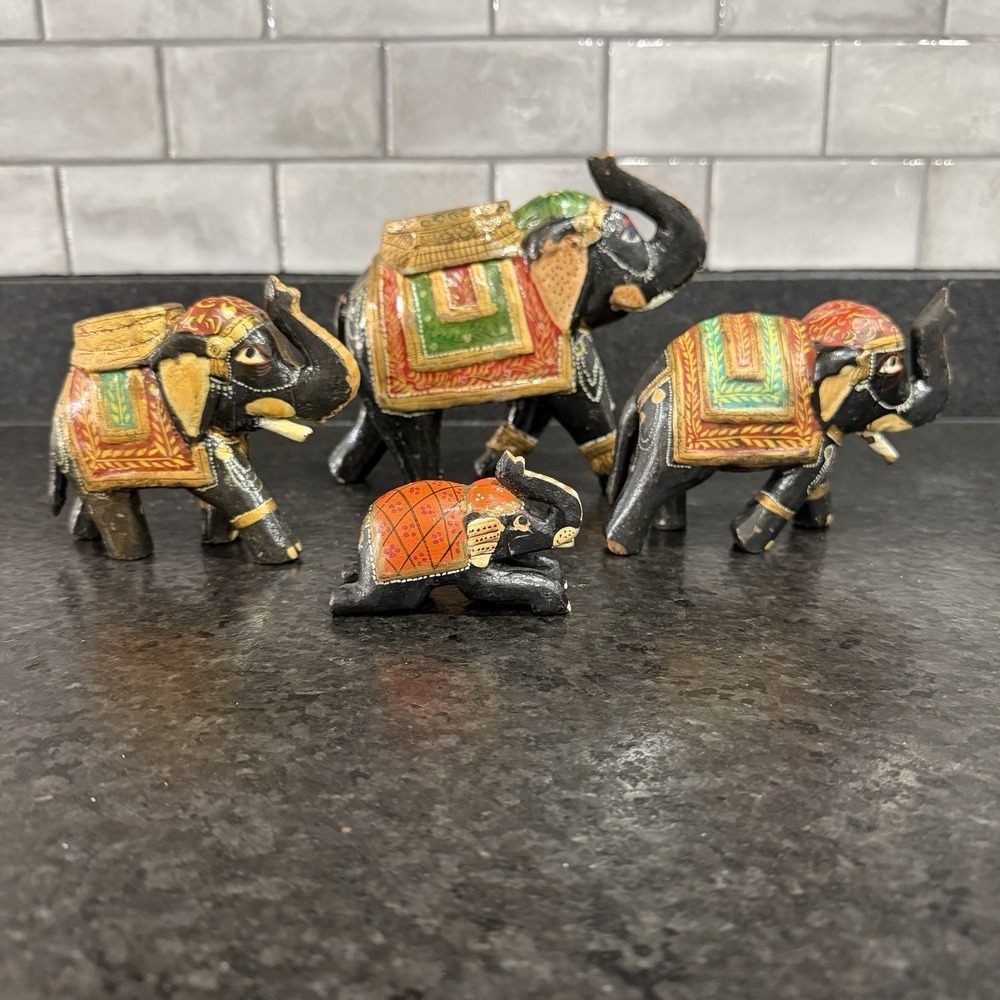 Set of 4 Hand Painted Lacquer Wooden Elephants India Bojay, Ltd. Figurines Decor